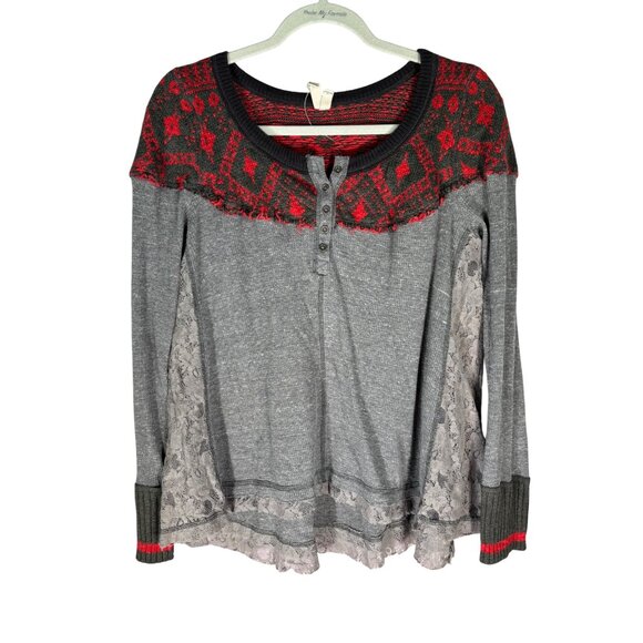 We The Free Womens Cabin In The Woods Thermal Shirt Nordic Lace Gray/Red - Picture 3 of 9